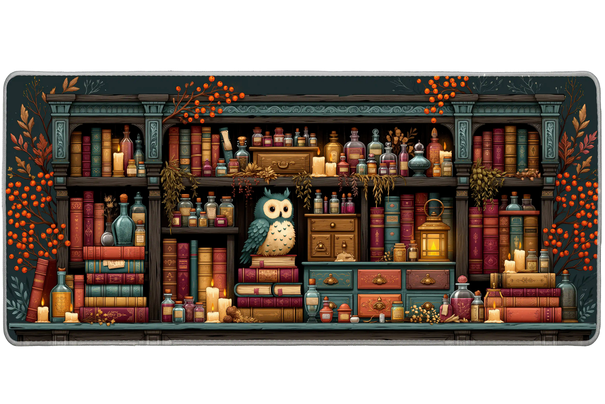 Mystic Owl Apothecary Desk Mat | Potion Shelf artwork on an extended desk mat with mystic owl apothecary design