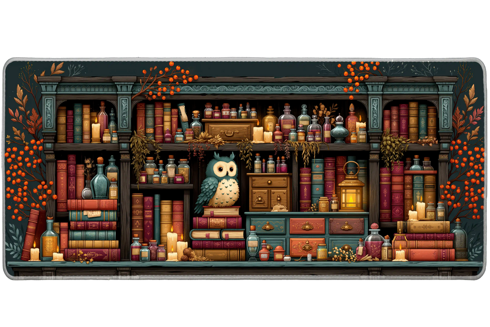 Mystic Owl Apothecary Desk Mat | Potion Shelf artwork on an extended desk mat with mystic owl apothecary design