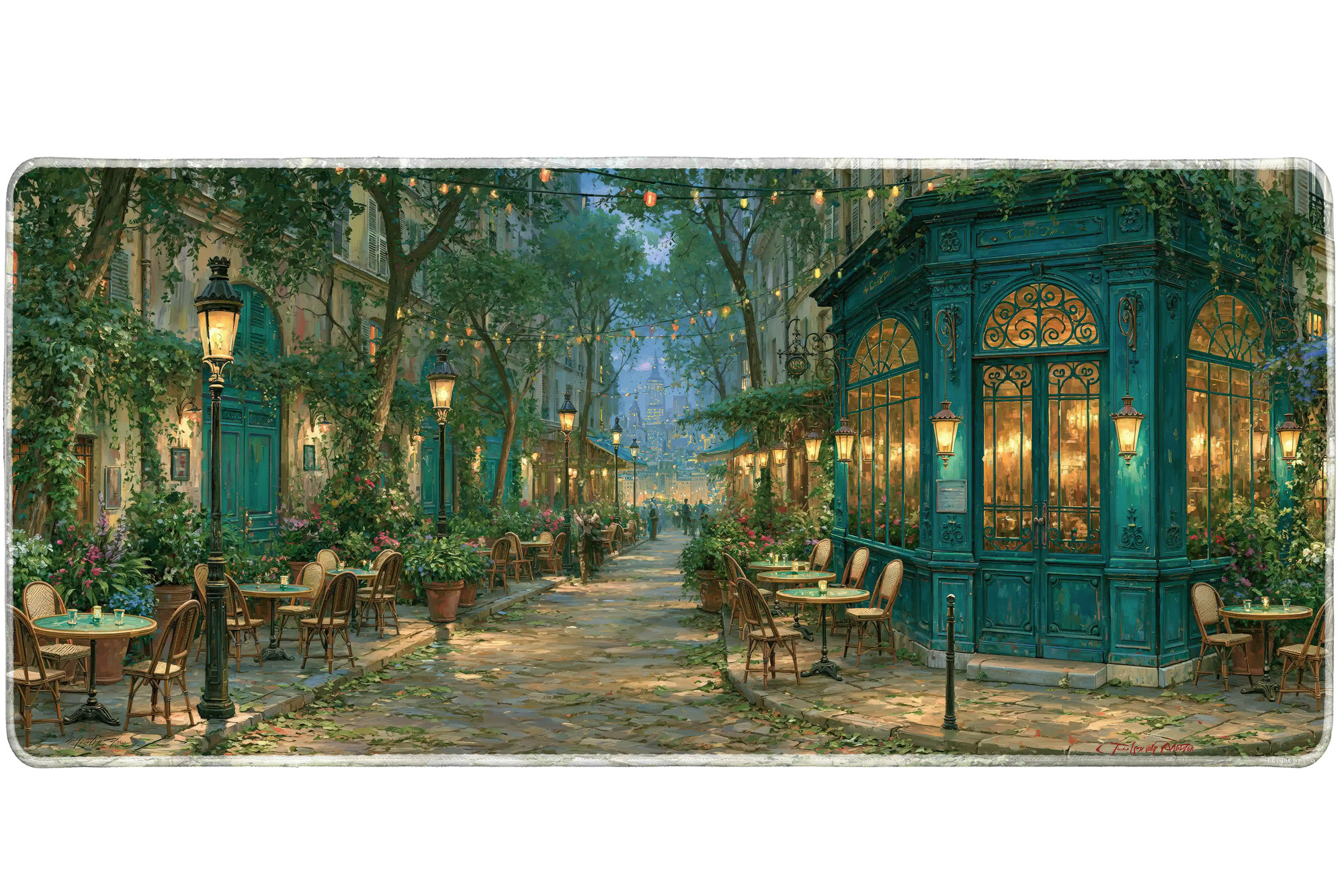 Paris Cafe Street Desk Mat | European Mouse Pad artwork on an extended desk mat with cozy Paris cafe street artwork