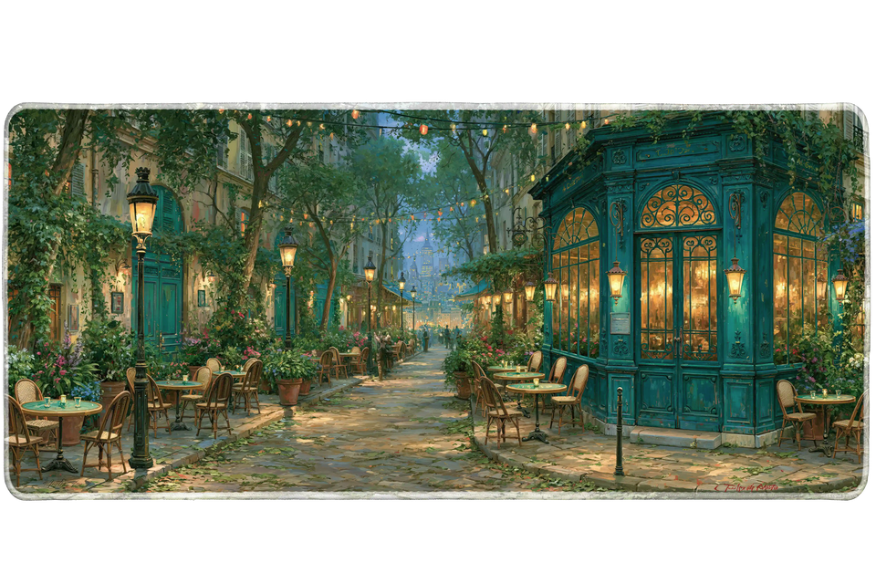 Paris Cafe Street Desk Mat | European Mouse Pad artwork on an extended desk mat with cozy Paris cafe street artwork