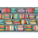 Colorful Bookshelf Desk Mat | Pastel Book Stacks artwork on an extended desk mat with colorful bookshelf design