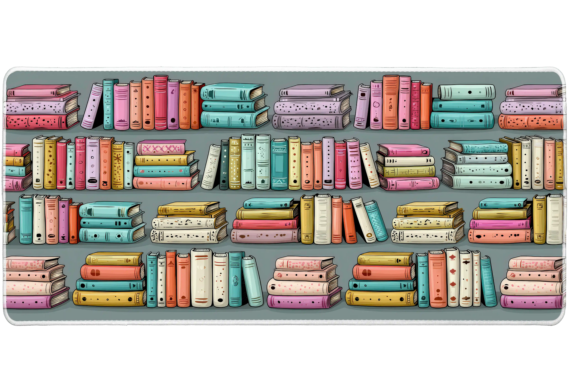 Colorful Bookshelf Desk Mat | Pastel Book Stacks artwork on an extended desk mat with colorful bookshelf design