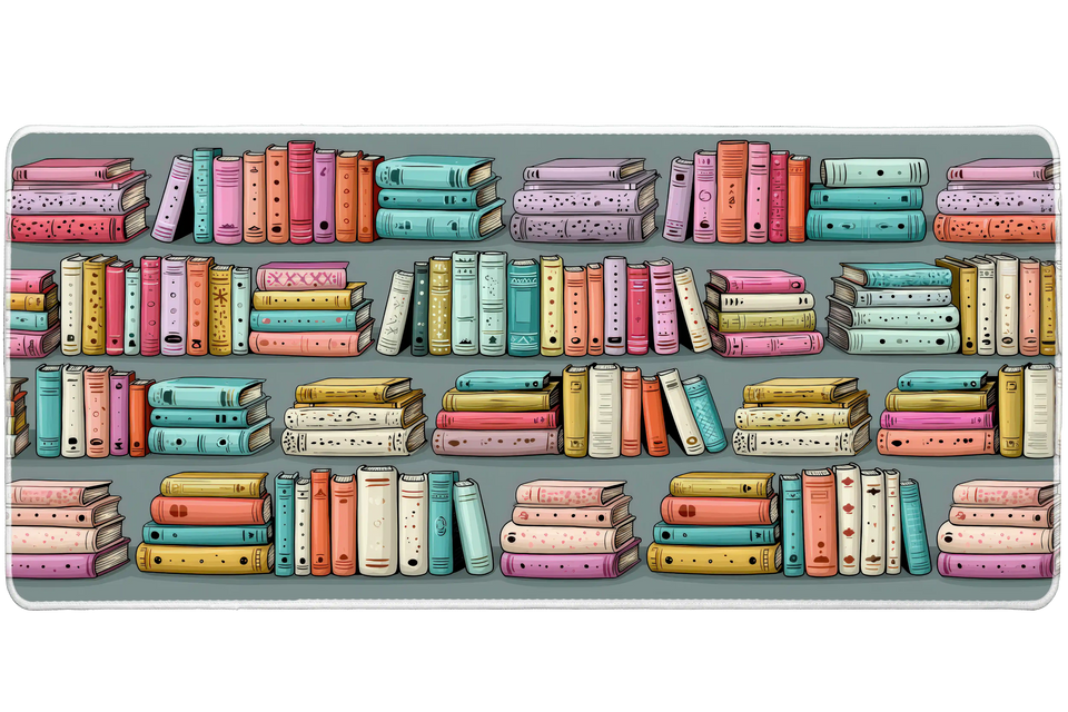 Colorful Bookshelf – Pastel Book Stacks desk mat and mouse pad by PrintMyPad