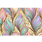 Pastel Art Nouveau feather desk mat with aqua, lavender and pink curves outlined in gold-colored lines