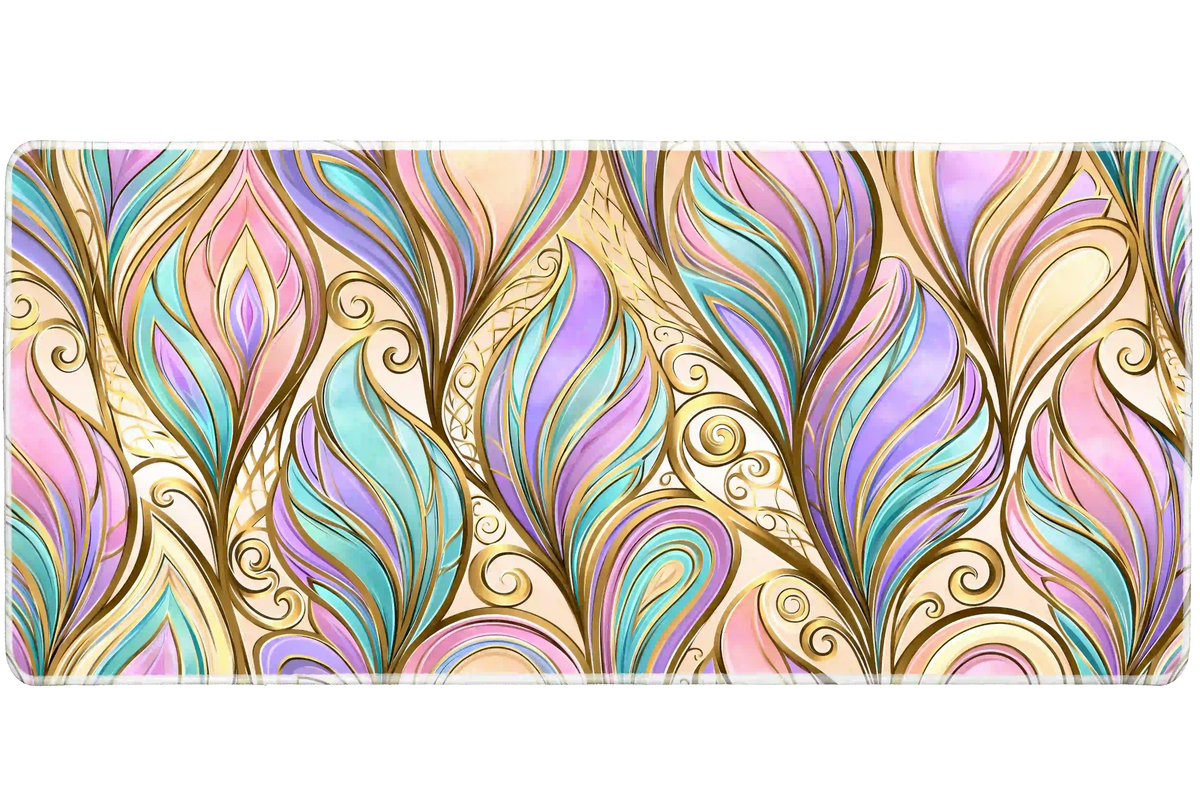 Pastel Art Nouveau feather desk mat with aqua, lavender and pink curves outlined in gold-colored lines