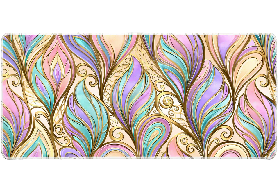 Pastel Art Nouveau feather desk mat with aqua, lavender and pink curves outlined in gold-colored lines