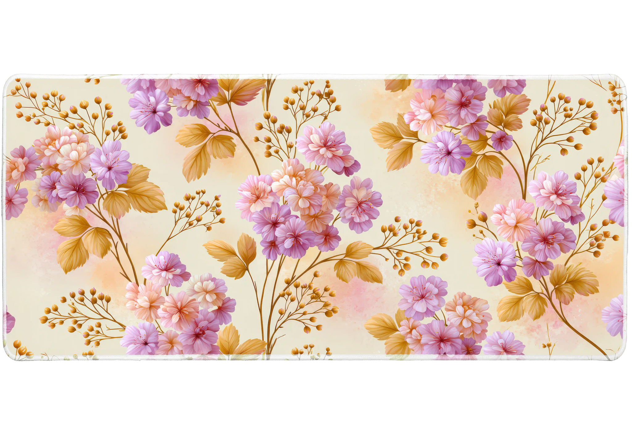 Pastel Floral Branch Soft Botanical desk mat with pink and lavender blossoms, golden leaves, and delicate