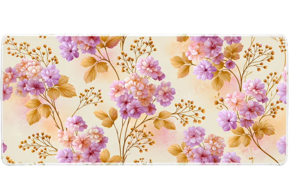 Pastel Floral Branch Soft Botanical desk mat with pink and lavender blossoms, golden leaves, and delicate
