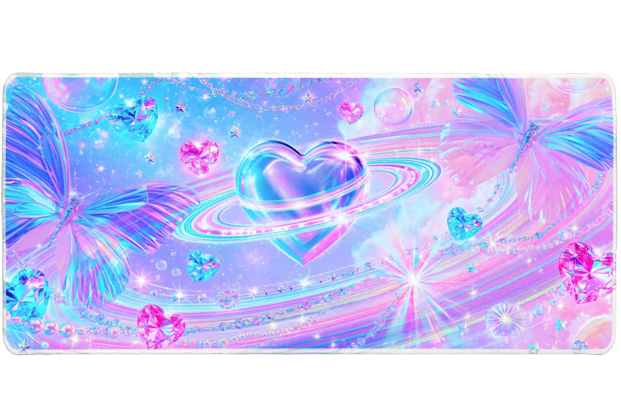 Pastel Y2K heart planet butterfly desk mat shown in its wide-format artwork view