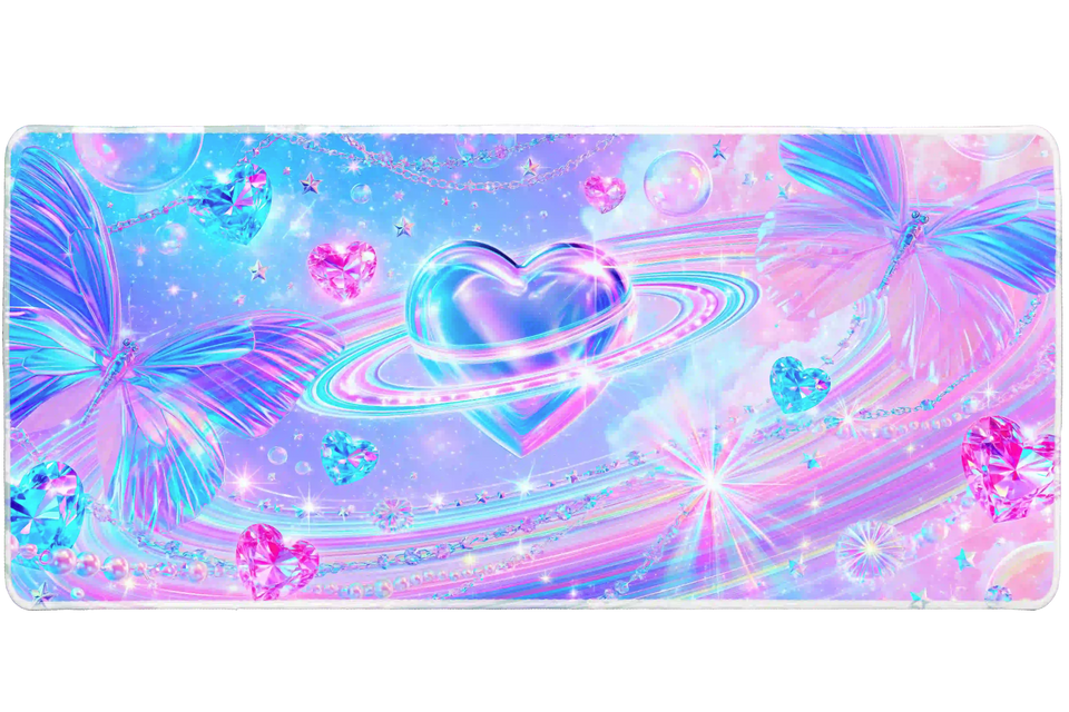 Pastel Y2K heart planet butterfly desk mat shown in its wide-format artwork view
