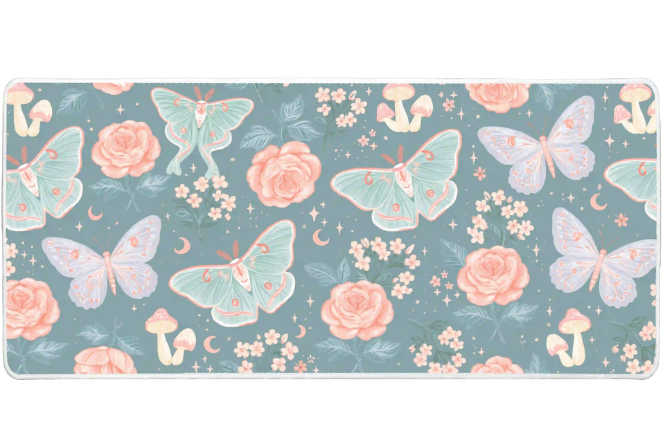 Pastel moth floral desk mat with mint moths, lavender butterflies, pink roses, mushrooms and moons on blue green