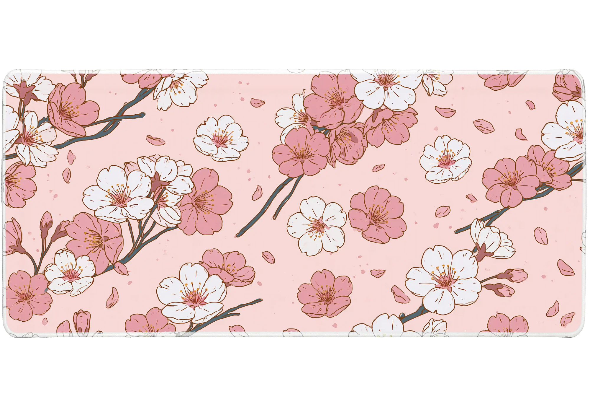 Pastel Sakura Blush Floral Branch desk mat with blush cherry blossom branches, soft pink petals, and a