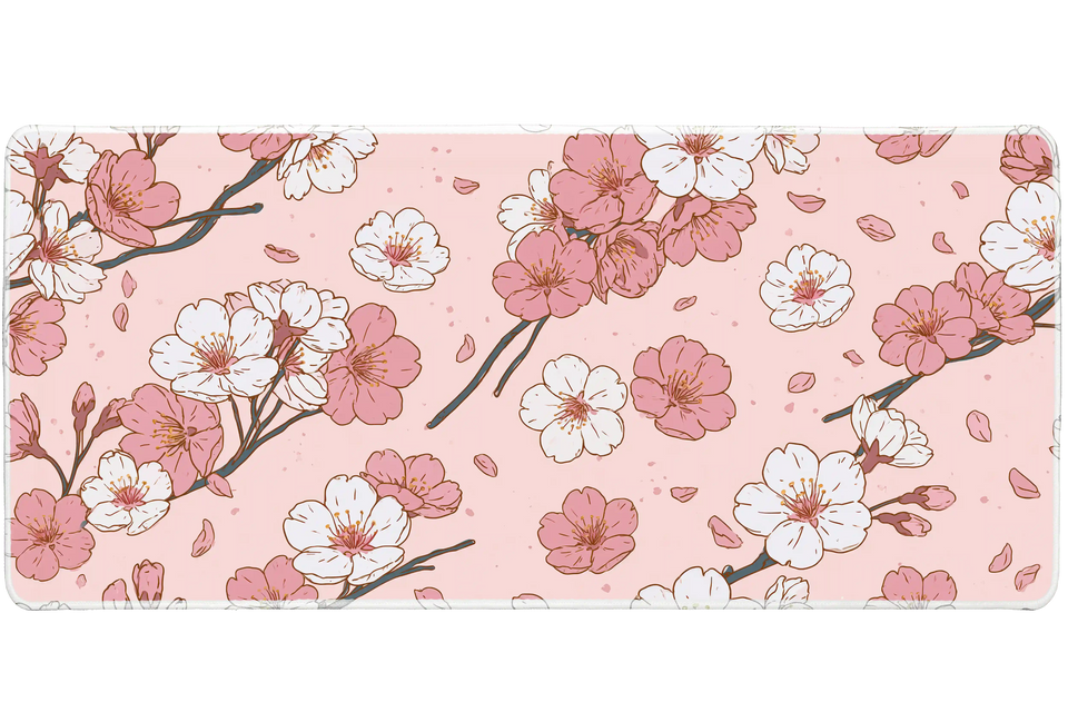 Pastel Sakura Blush Floral Branch desk mat with blush cherry blossom branches, soft pink petals, and a