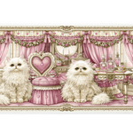 White Persian Cat Pink Coquette desk mat with fluffy cats, pink curtains, bows, roses, perfume
