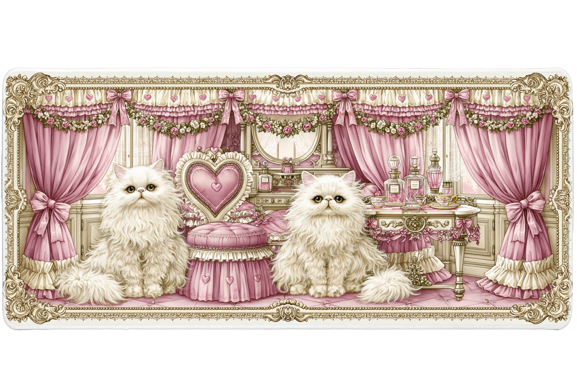 White Persian Cat Pink Coquette desk mat with fluffy cats, pink curtains, bows, roses, perfume