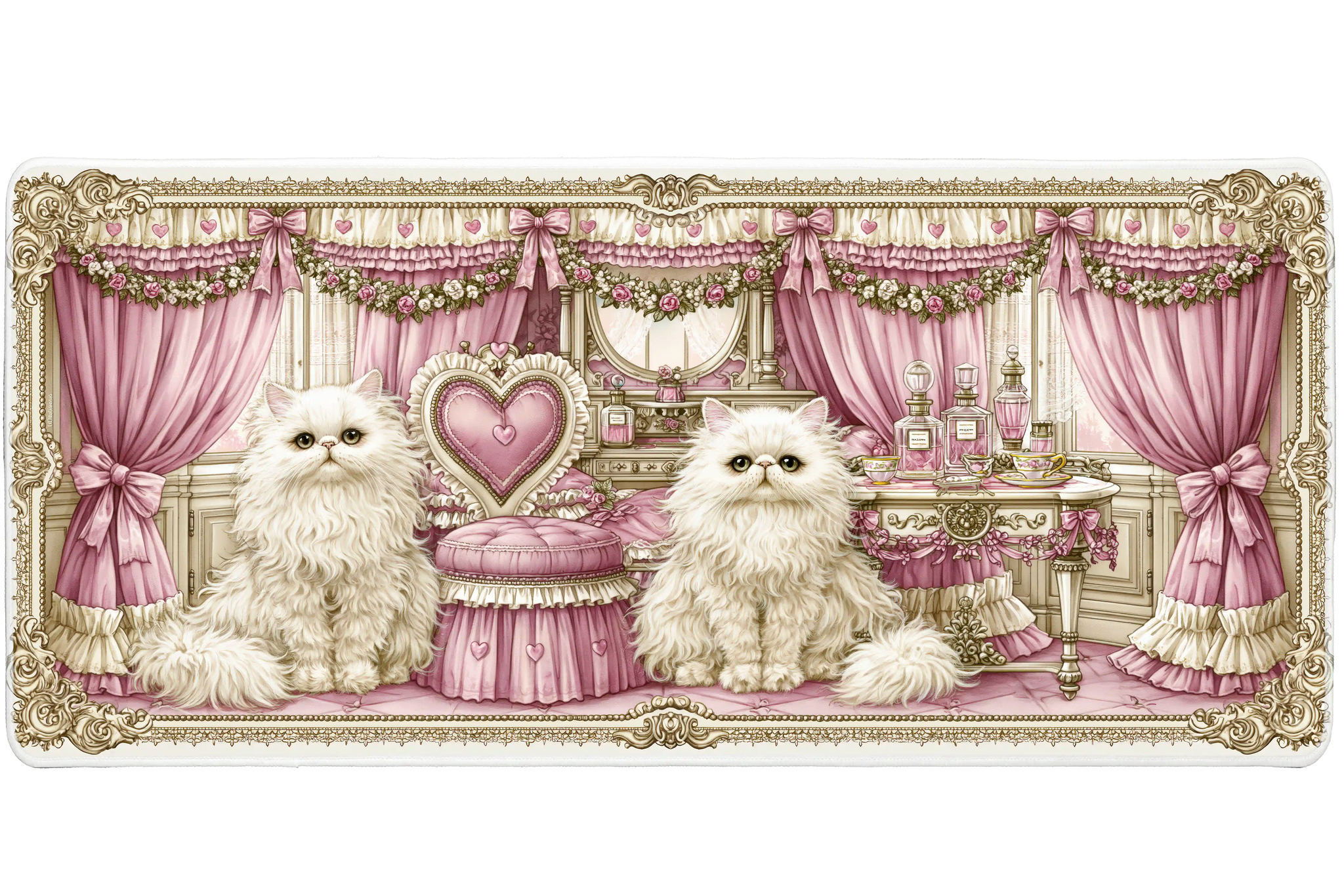 White Persian Cat Pink Coquette desk mat with fluffy cats, pink curtains, bows, roses, perfume