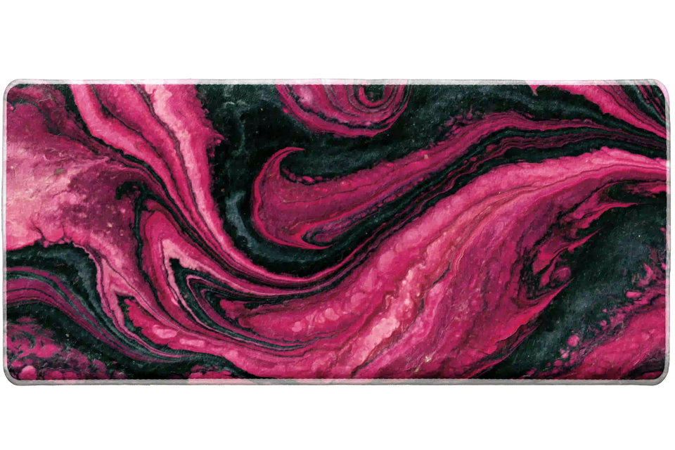 Pink and Black Marble Swirl Abstract desk mat artwork in a wide product view