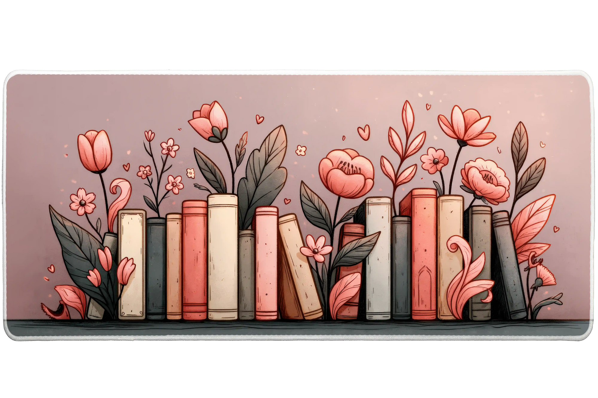 Pink Floral Books Desk Mat | Botanical Hearts artwork on an extended desk mat with pink floral books design