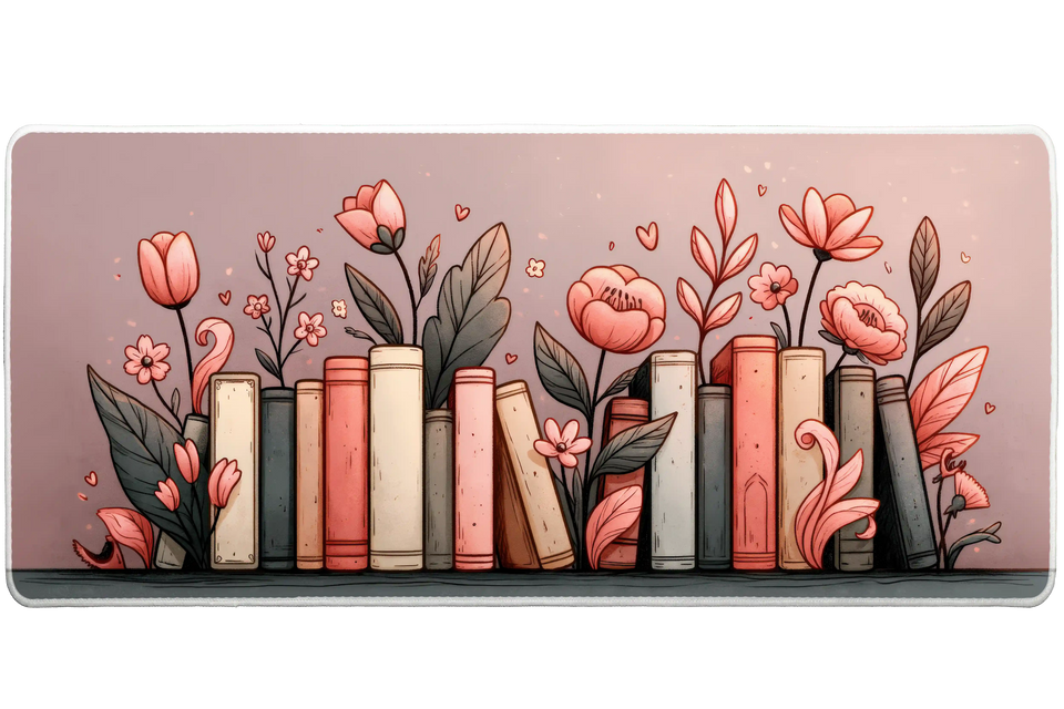 Pink Floral Books Desk Mat | Botanical Hearts artwork on an extended desk mat with pink floral books design