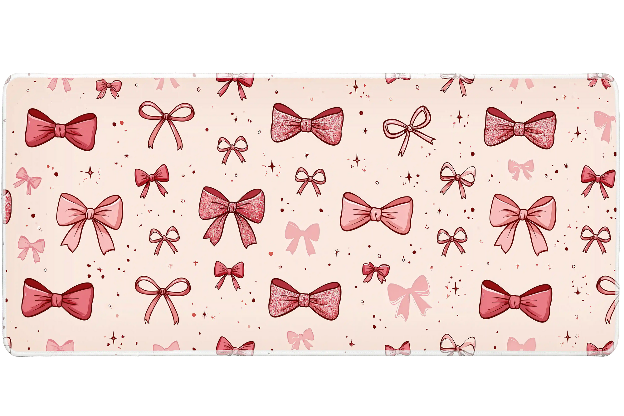 Pink Bow Sparkle Glitter Ribbon desk mat with ribbon illustrations, tiny stars, and a soft pastel