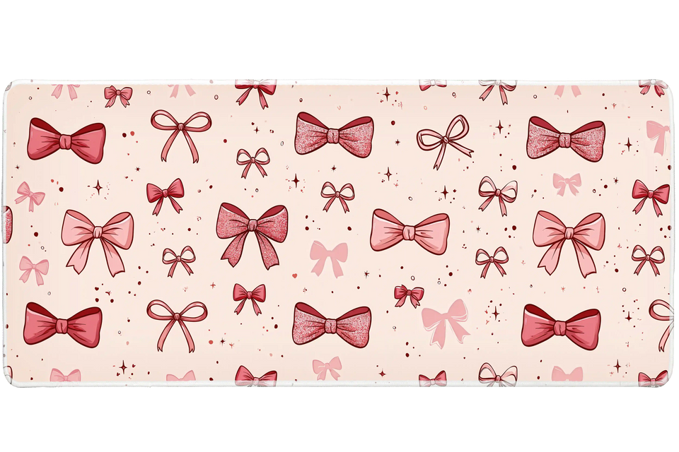 Pink Bow Sparkle Glitter Ribbon desk mat with ribbon illustrations, tiny stars, and a soft pastel