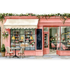Pink Cafe Storefront Desk Mat | Floral Mouse Pad artwork on an extended desk mat with pink bakery storefront and floral cafe artwork