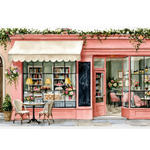 Pink Cafe Storefront Desk Mat | Floral Mouse Pad artwork on an extended desk mat with pink bakery storefront and floral cafe artwork