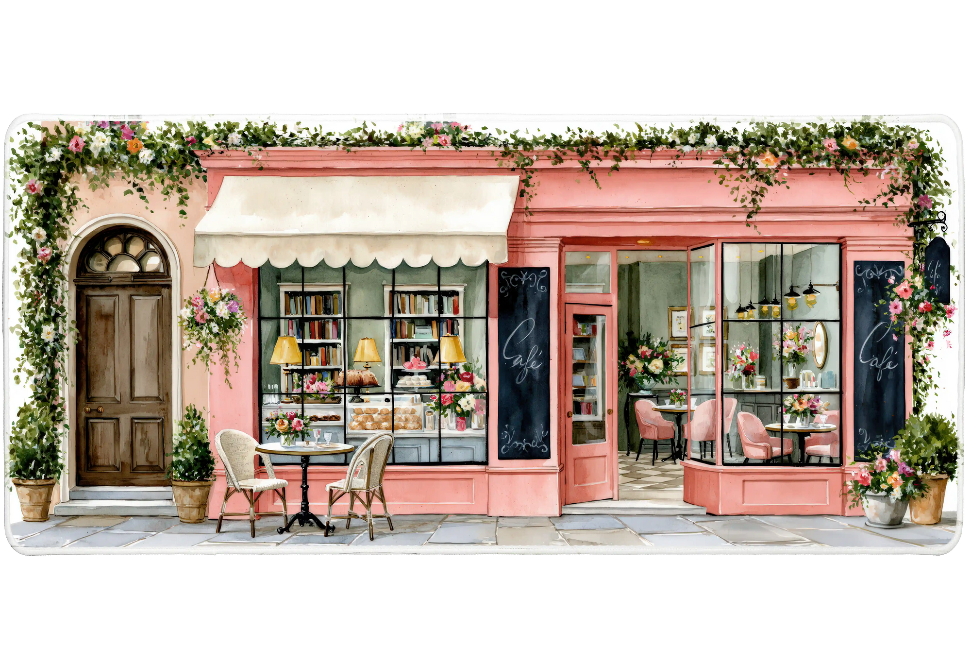 Pink Cafe Storefront Desk Mat | Floral Mouse Pad artwork on an extended desk mat with pink bakery storefront and floral cafe artwork