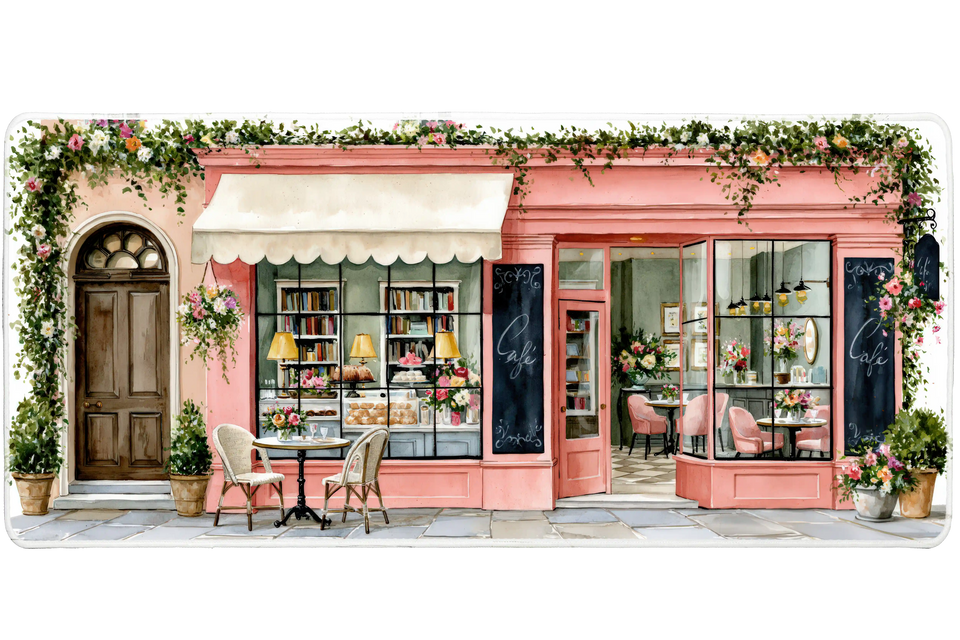 Pink Cafe Storefront Desk Mat | Floral Mouse Pad artwork on an extended desk mat with pink bakery storefront and floral cafe artwork
