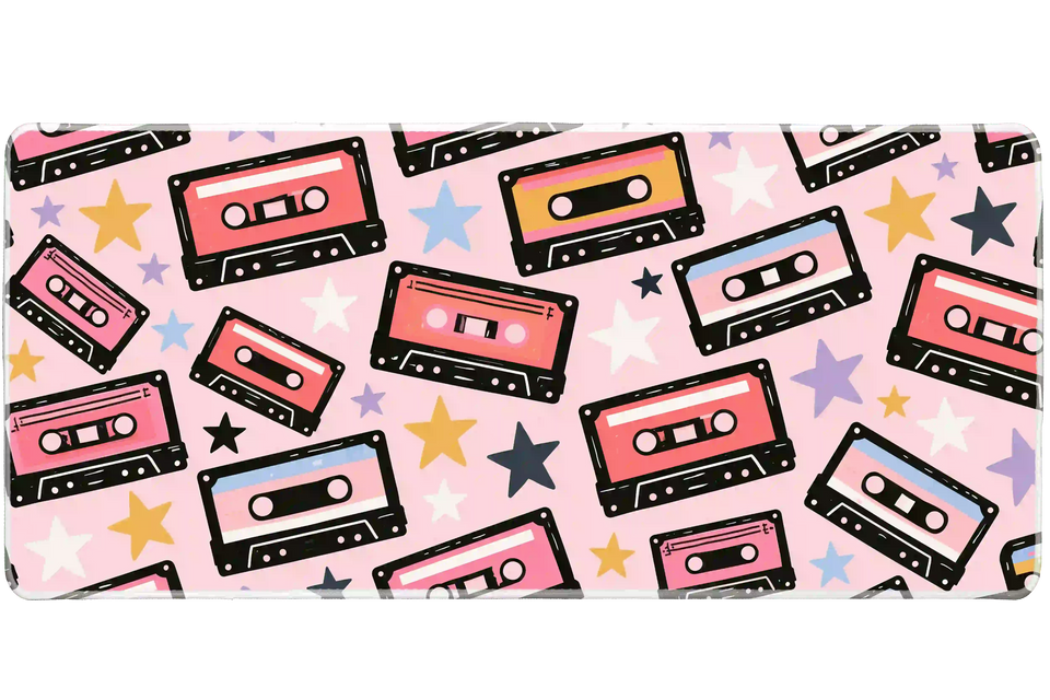Retro Cassette desk mat artwork in a wide product view