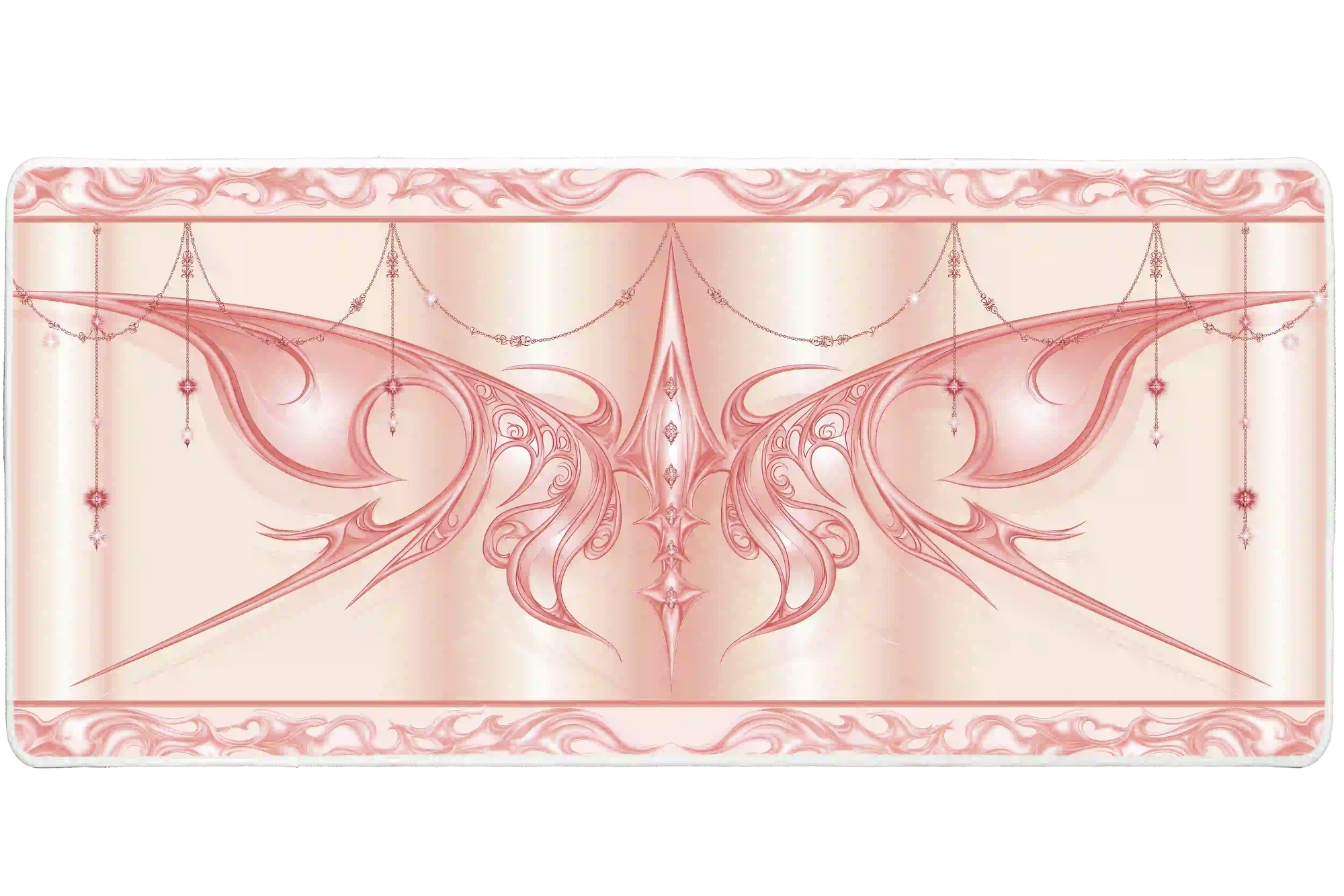 Pastel pink cyber sigil butterfly desk mat shown in its wide-format artwork view