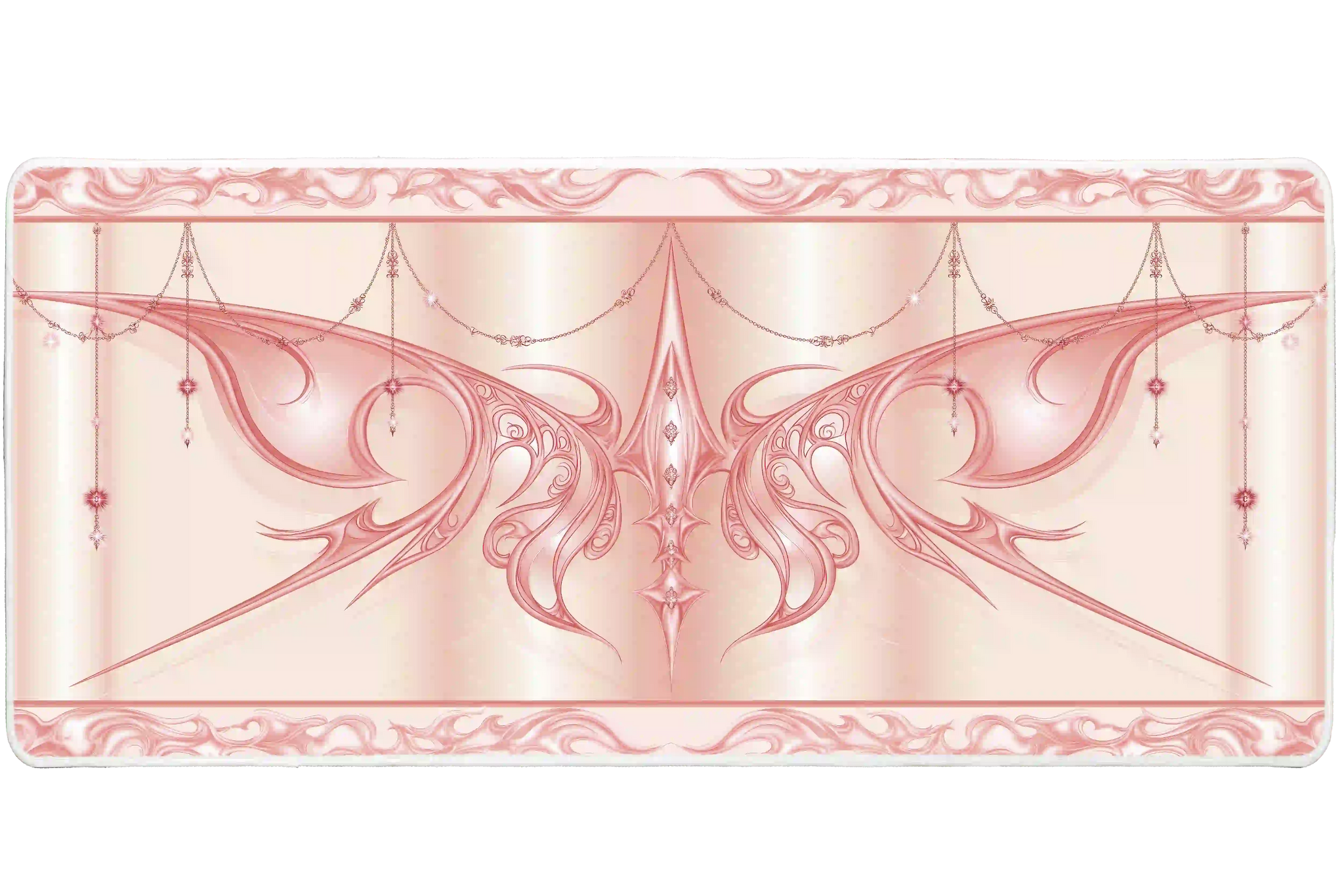 Pastel pink cyber sigil butterfly desk mat shown in its wide-format artwork view