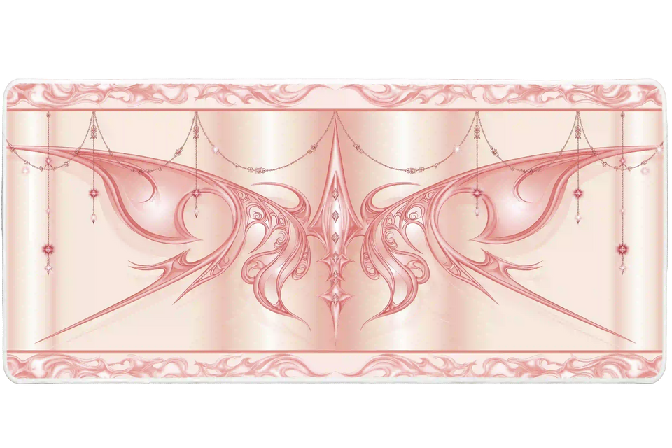 Pastel pink cyber sigil butterfly desk mat shown in its wide-format artwork view