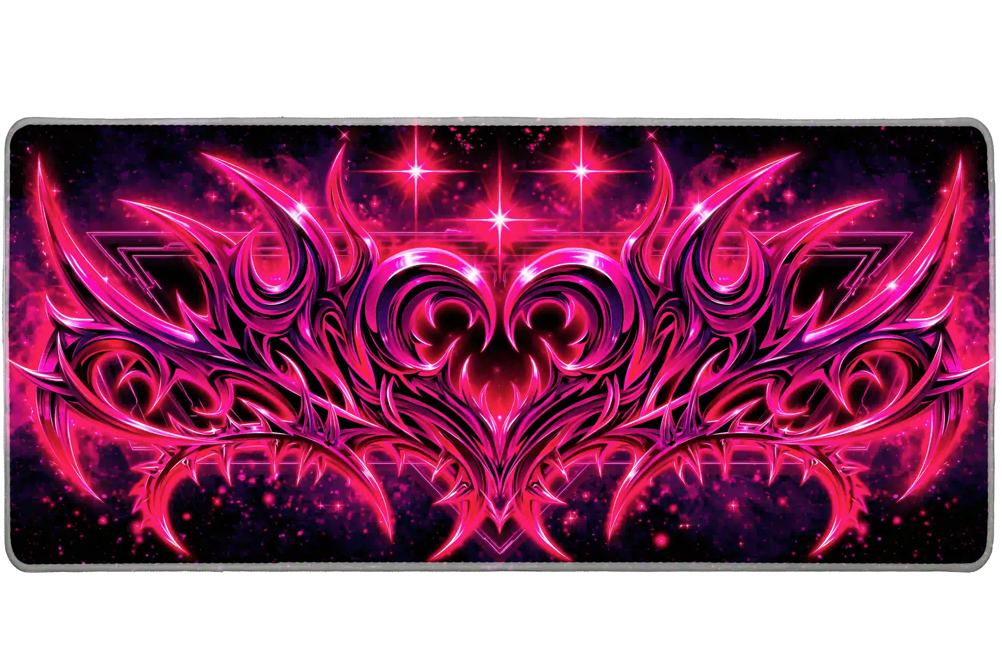 Neon pink cyber tribal abstract desk mat shown in its wide-format artwork view