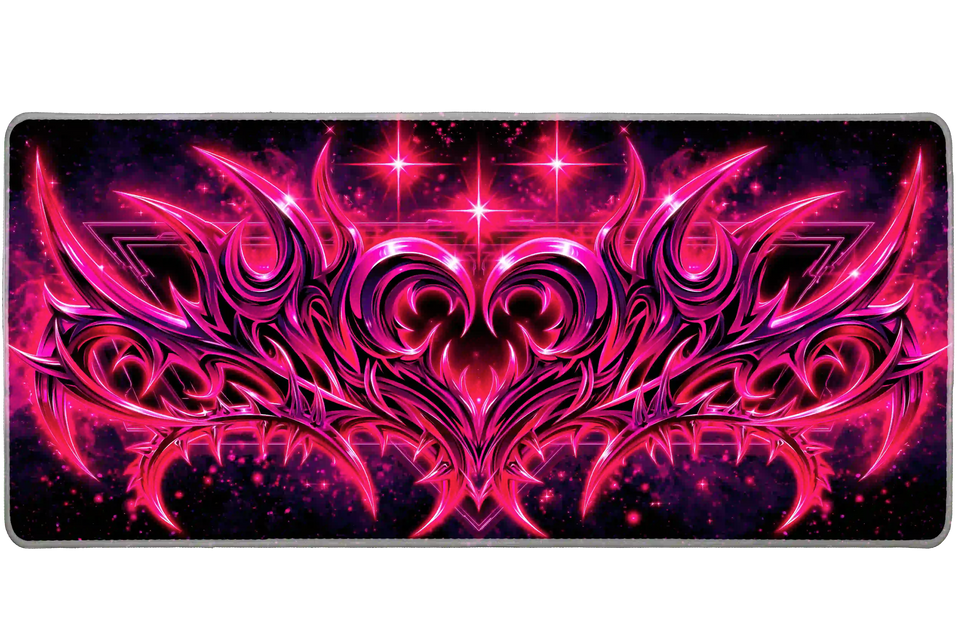 Neon pink cyber tribal abstract desk mat shown in its wide-format artwork view
