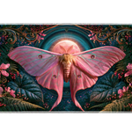 Pink luna moth desk mat with a glowing moon, dark teal leaves, purple flowers and gold-colored scrollwork