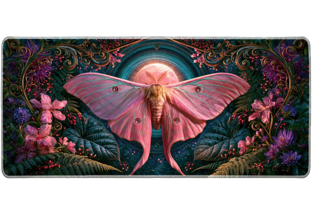 Pink luna moth desk mat with a glowing moon, dark teal leaves, purple flowers and gold-colored scrollwork