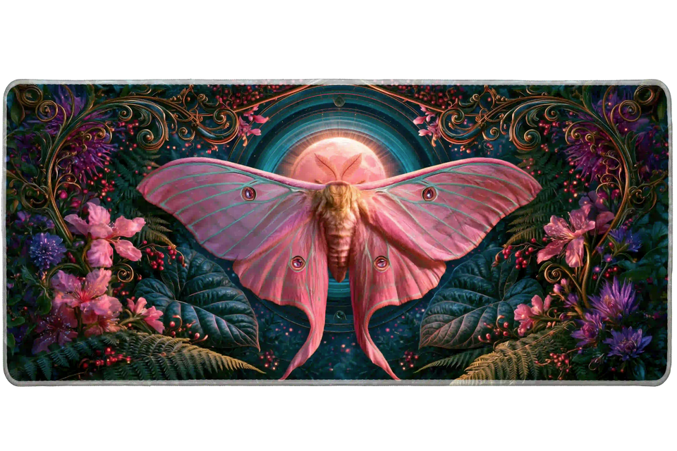Pink luna moth desk mat with a glowing moon, dark teal leaves, purple flowers and gold-colored scrollwork