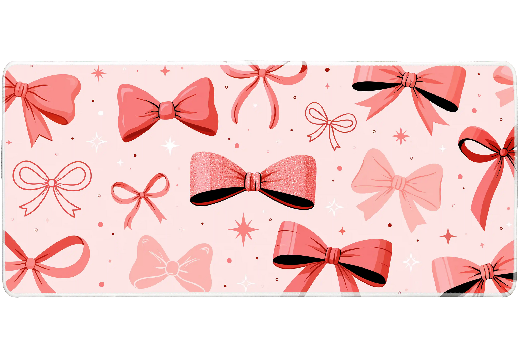 Pink Bow Pattern Sparkle Ribbon desk mat with assorted bows, sparkle details, and a soft pastel