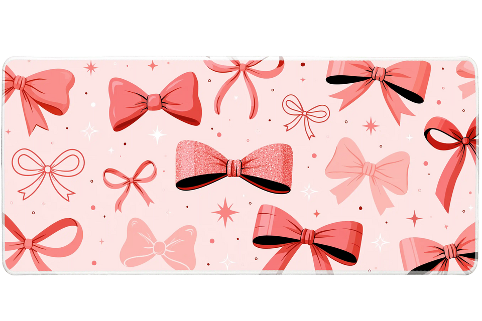 Pink Bow Pattern Sparkle Ribbon desk mat with assorted bows, sparkle details, and a soft pastel