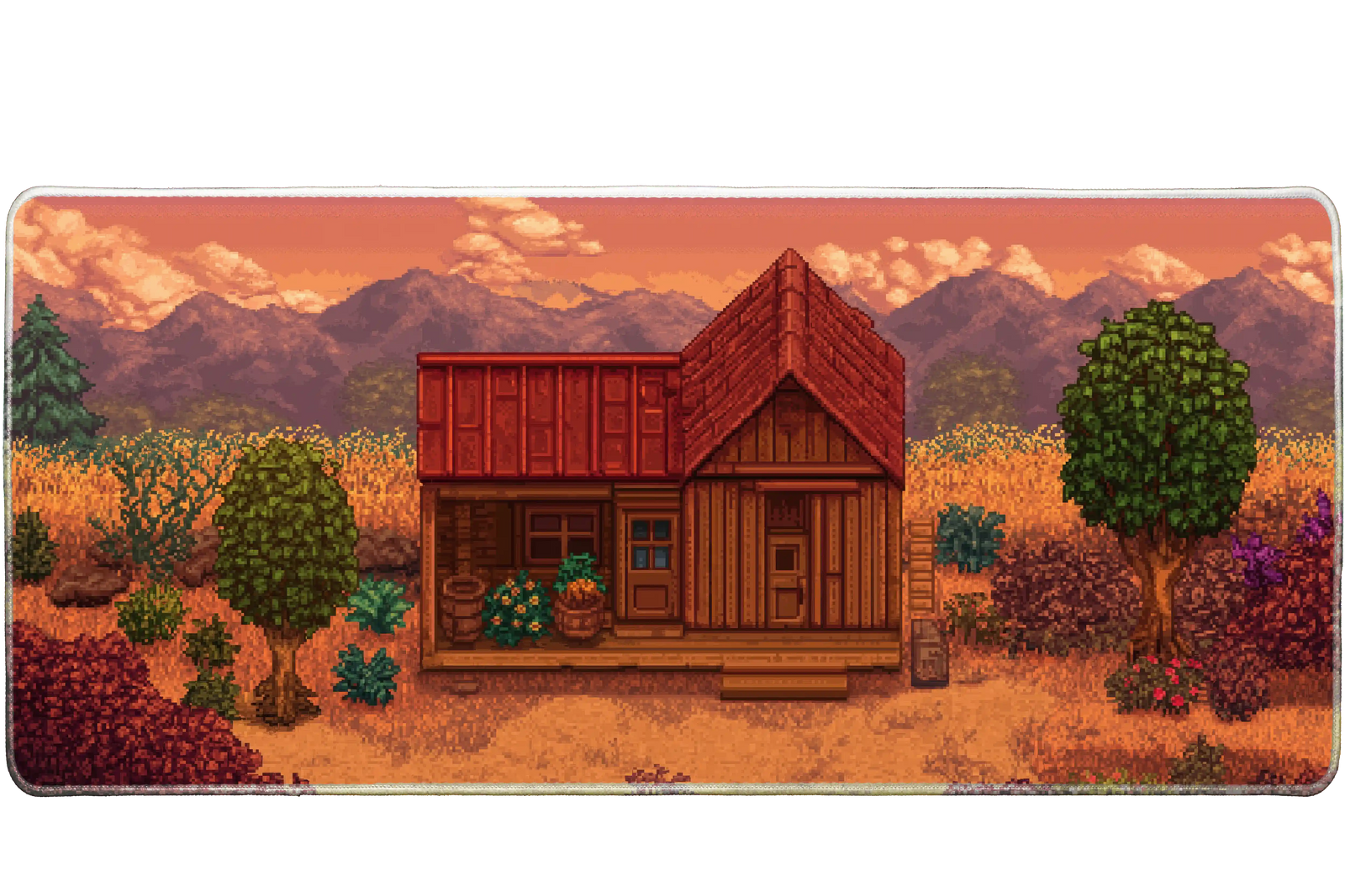 Gaming 90x40cm custom mouse pad featuring pixel art cabin at sunset, stitched edge – Print My Pad
