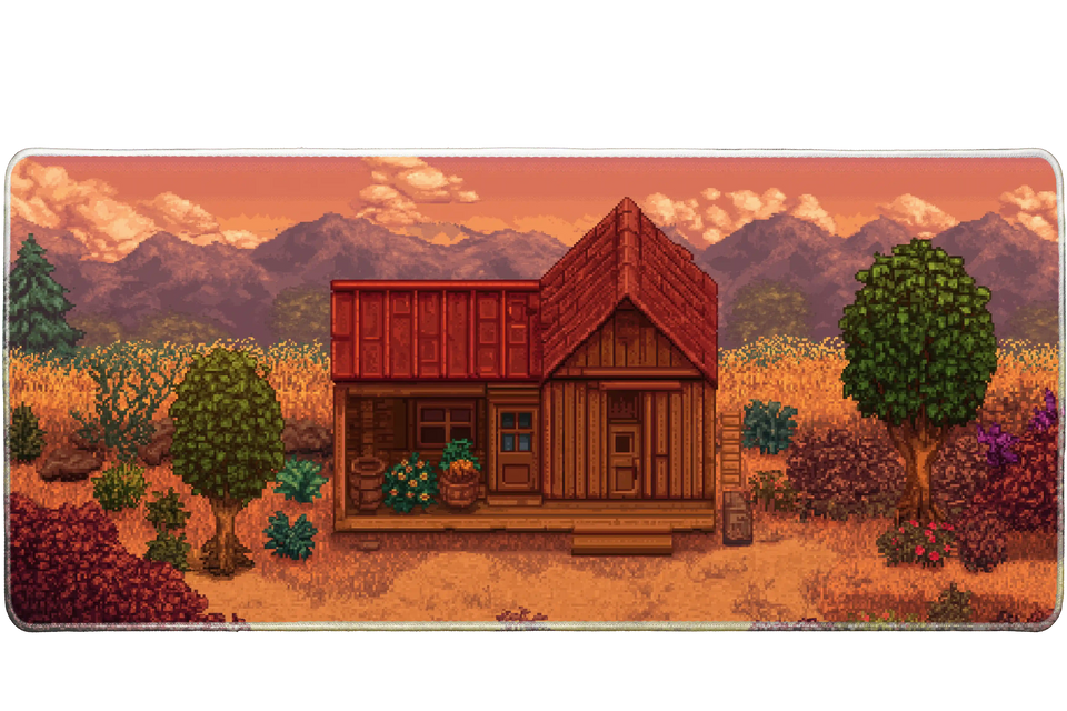 Gaming 90x40cm custom mouse pad featuring pixel art cabin at sunset, stitched edge – Print My Pad