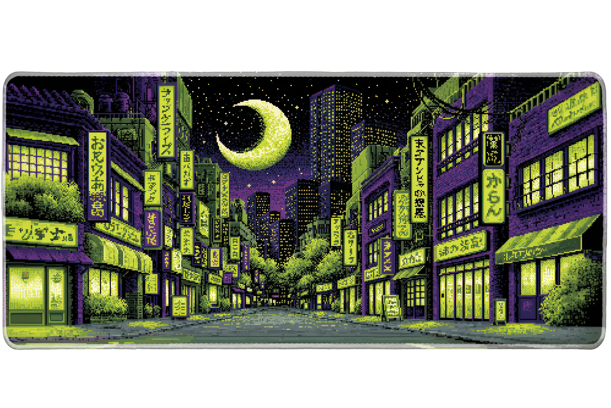 Pixel Art Neon City desk mat artwork in a wide product view