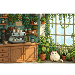 Pixel Plant Cafe Desk Mat | Cat Coffee Mouse Pad artwork on an extended desk mat with pixel plant cafe with cat and coffee bar artwork