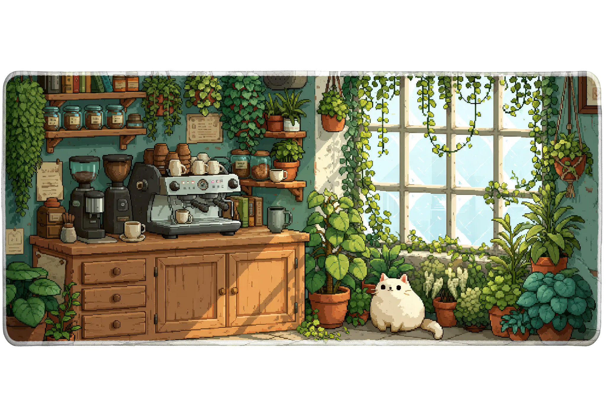 Pixel Plant Cafe Desk Mat | Cat Coffee Mouse Pad artwork on an extended desk mat with pixel plant cafe with cat and coffee bar artwork