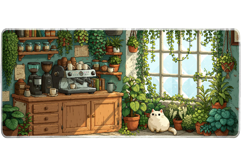 Pixel Plant Cafe Desk Mat | Cat Coffee Mouse Pad artwork on an extended desk mat with pixel plant cafe with cat and coffee bar artwork