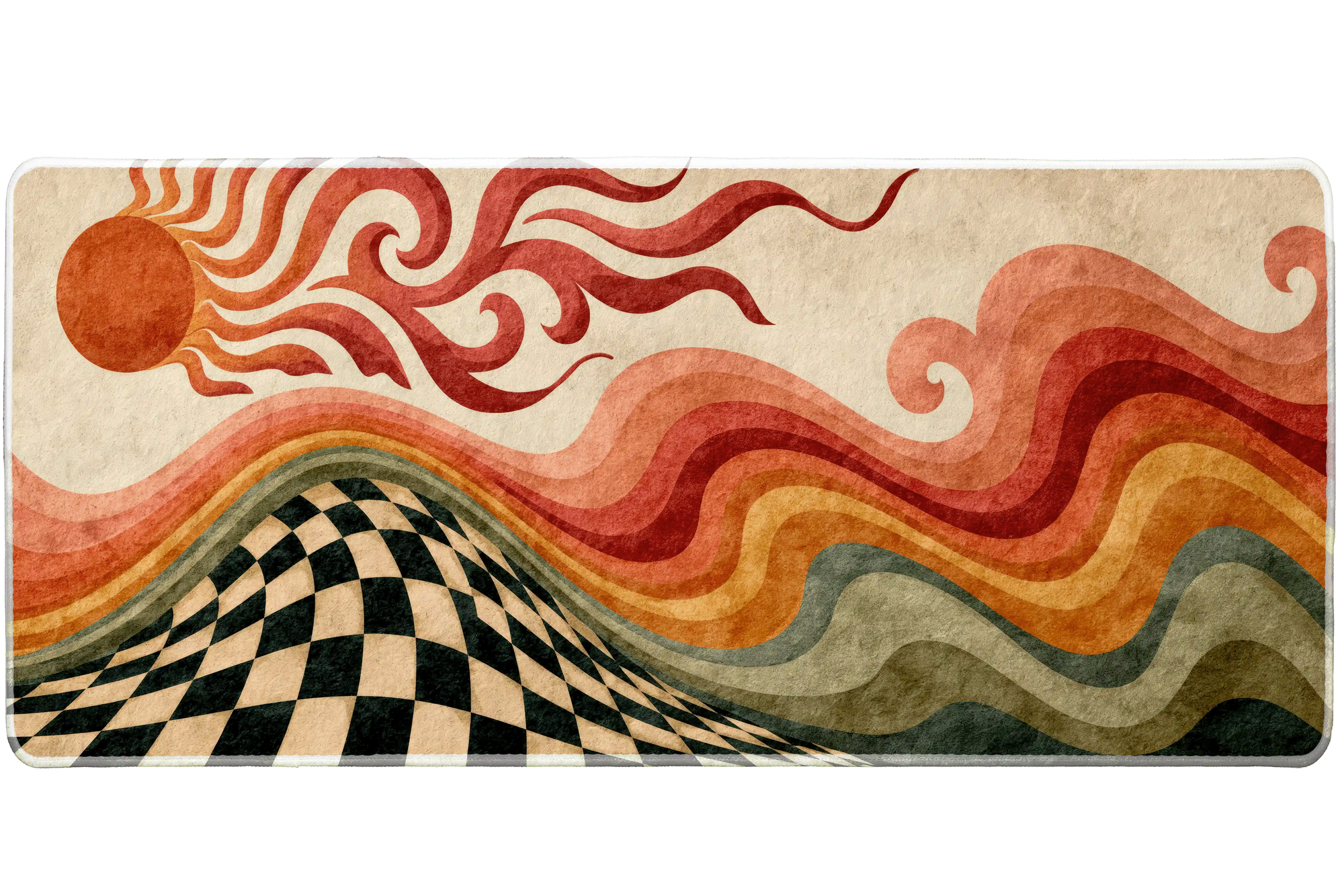 Retro Psychedelic Desert desk mat artwork in a wide product view