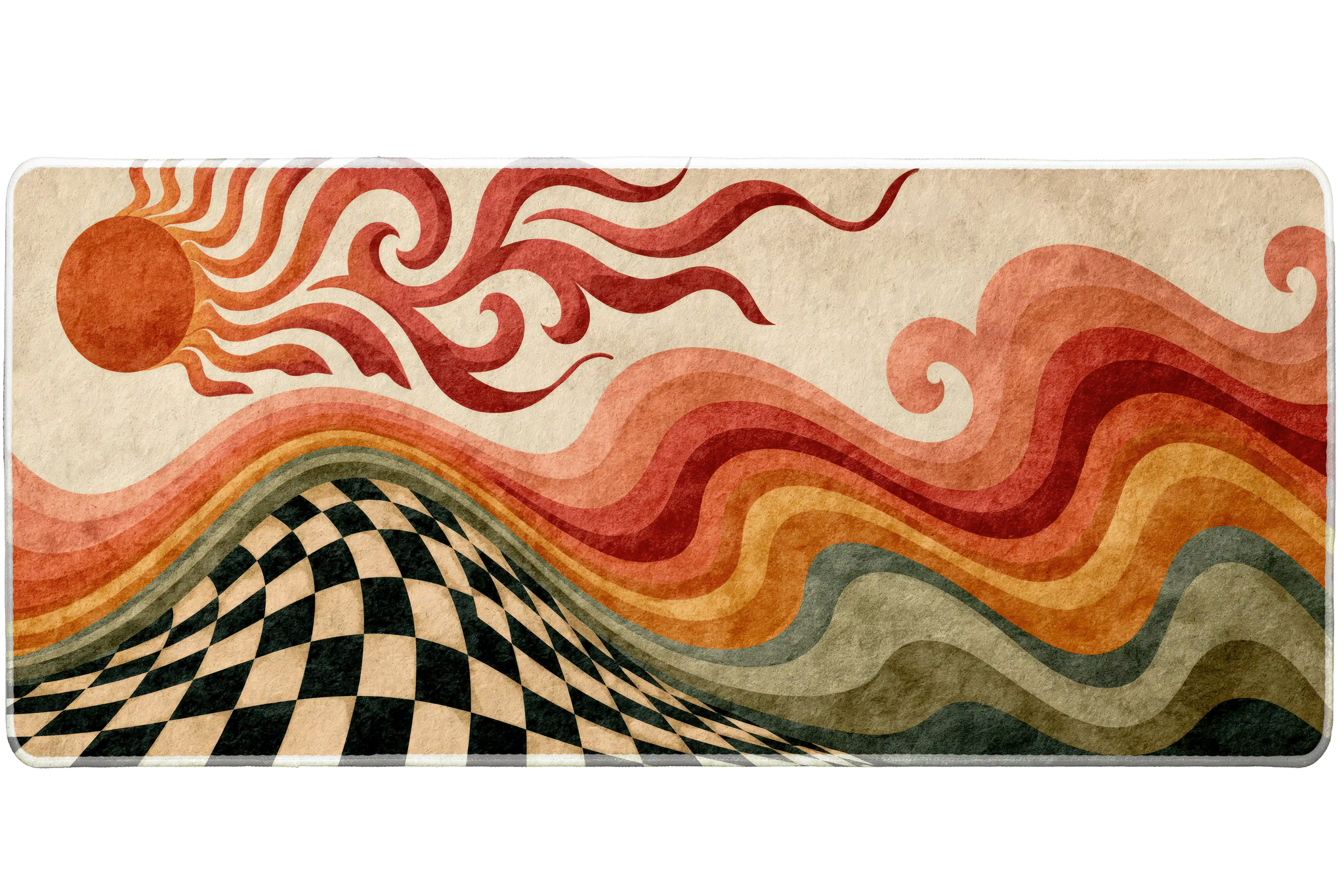 Retro Psychedelic Desert desk mat artwork in a wide product view