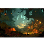 Enchanted forest desk mat with orange pumpkins, red mushrooms, warm lanterns, a woodland cottage and a black cat
