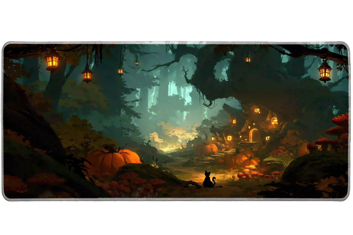 Enchanted forest desk mat with orange pumpkins, red mushrooms, warm lanterns, a woodland cottage and a black cat